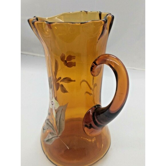 Antique Hand Blown Hand Painted Floral Amber Glass Ruffled Pitcher 1890-1900 - Picture 2 of 9
